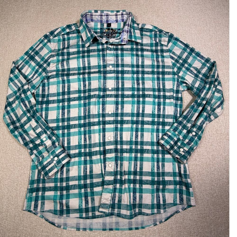Scully Men Large Aqua White Plaid Snap Front Stretch Western Shirt Cowboy Casual
